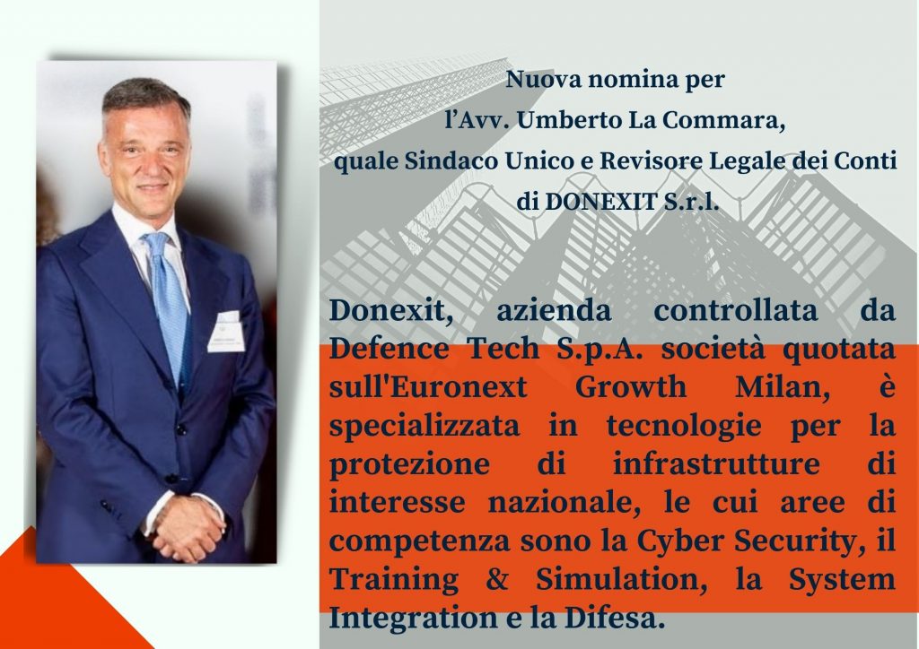 Nuova nomina per l’Avv. Umberto La Commara, quale Sindaco Unico e Revisore Legale dei Conti di Donexit S.r.l.